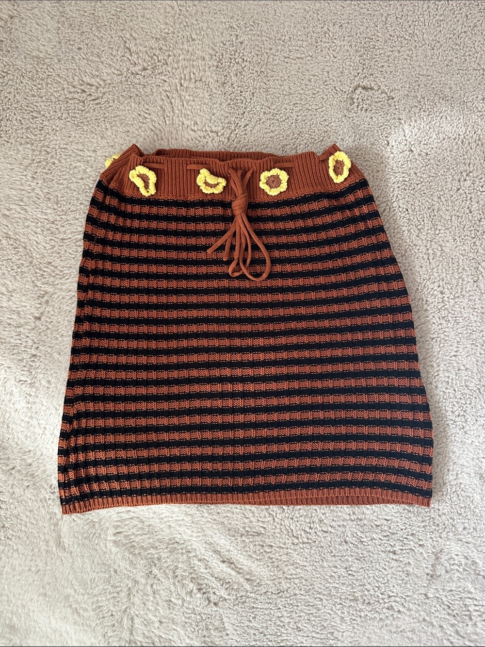 Striped Knit Mini Skirt with Floral Trim - Brown & Black